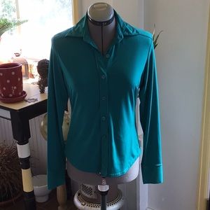 Teal colored long sleeved button down blouse